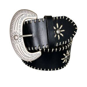 Women’s Black Leather Whipstitch Belt 2” Wide Bead Flowers Silver M